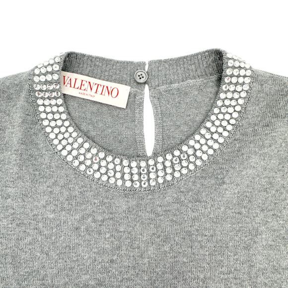 VALENTINO Rhinestone Embellished Short Sleeve Crop Knit Sweater In Grey L - Picture 8 of 15
